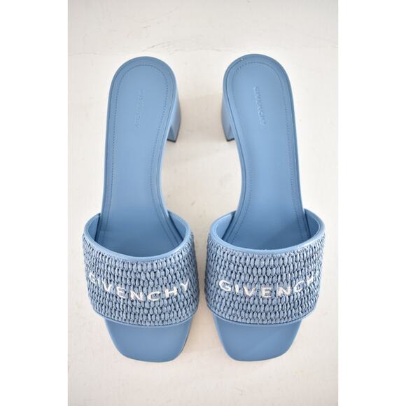 Givenchy 4G Denim Blue Raffia Logo Leather Slide On Mule Block Heel Sandal 37 - Picture 10 of 15